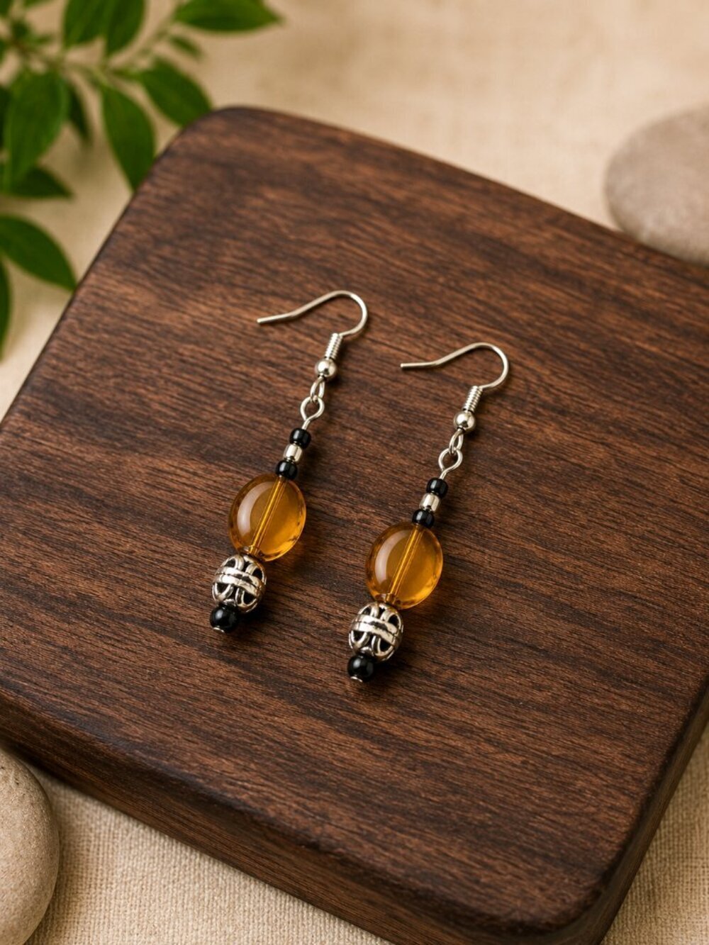 Amber Glass Bead Drop Earrings Gold Black | Handmade - Picture 5 of 5
